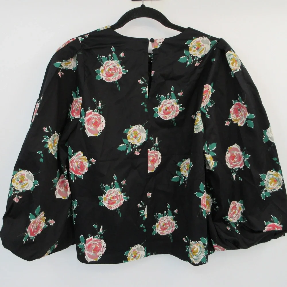 NWT Boden Womens Black Floral Rose Puff Sleeve Cotton Poplin Top US 8